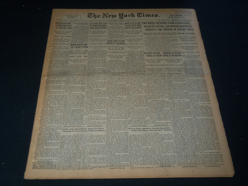 1932 MARCH 8 NEW YORK TIMES - LINDBERGH TO NEGOTIATE RETURN OF CHILD - NT 7428