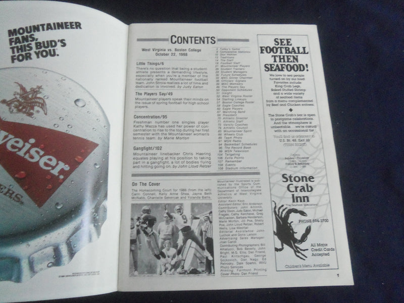 1988 OCT 22 FOOTBALL PROGRAM - WEST VIRGINIA UNIV VS BOSTON COLLEGE - SP 4686W