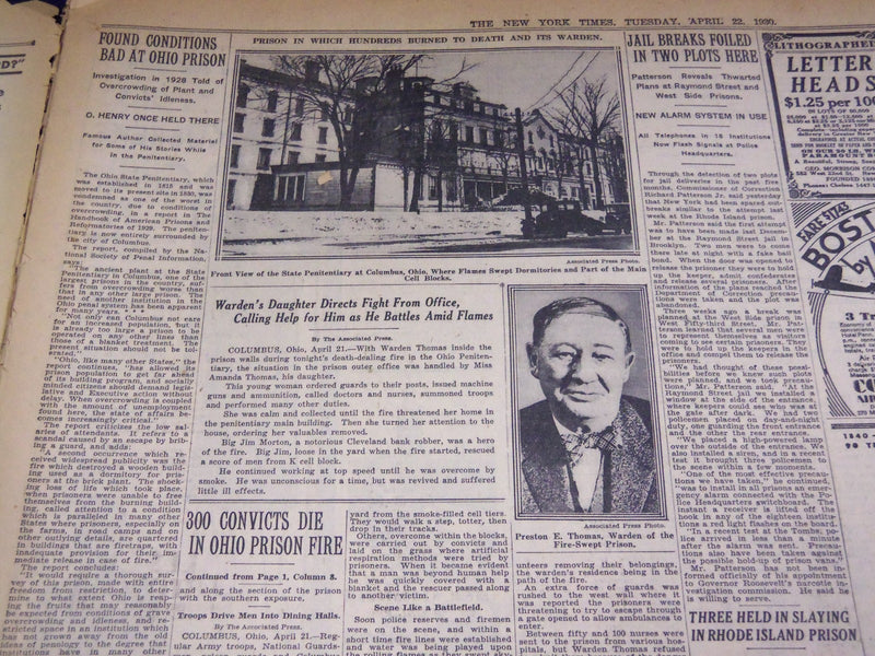 1930 APRIL 22 NEW YORK TIMES - 300 CONVICTS DIE IN OHIO PRISON FIRE - NT 1568