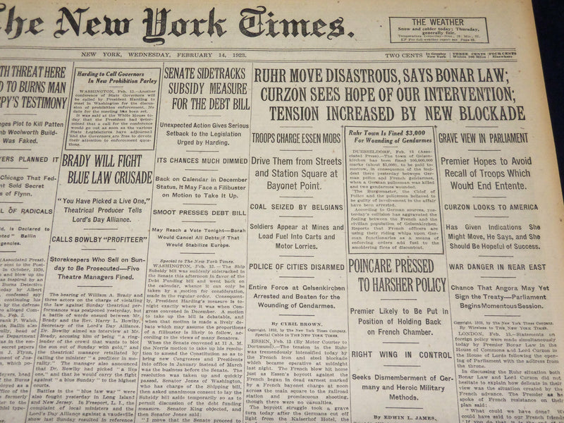 1923 FEBRUARY 14 NEW YORK TIMES - RUHR MOVE DISASTROUS SAYS BONAR LAW - NT 8502