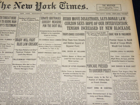 1923 FEBRUARY 14 NEW YORK TIMES - RUHR MOVE DISASTROUS SAYS BONAR LAW - NT 8502