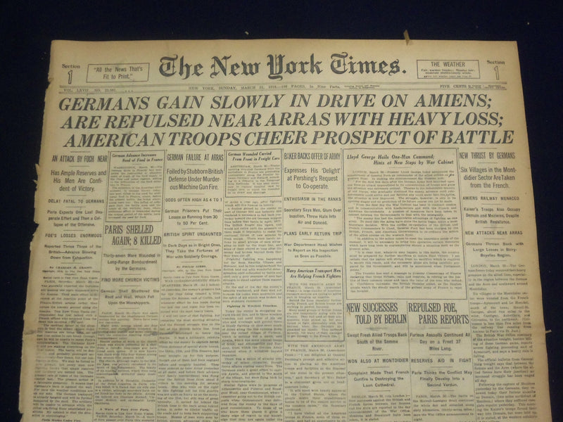 1918 MARCH 31 NEW YORK TIMES - GERMANS GAIN ON AMIENS, LOSSES AT ARRAS - NT 8154