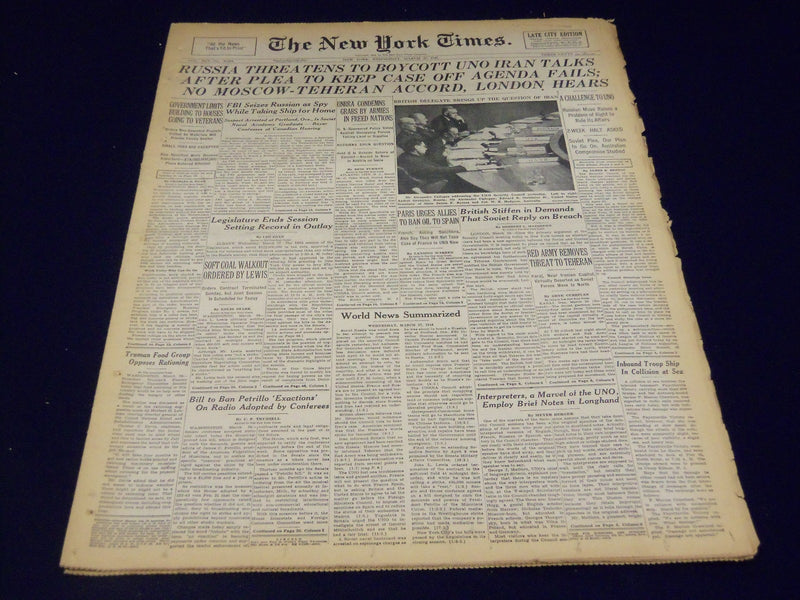1946 MAR 27 NEW YORK TIMES - RUSSIA THREATENS TO BOYCOTT UNO IRAN TALKS - NT 889