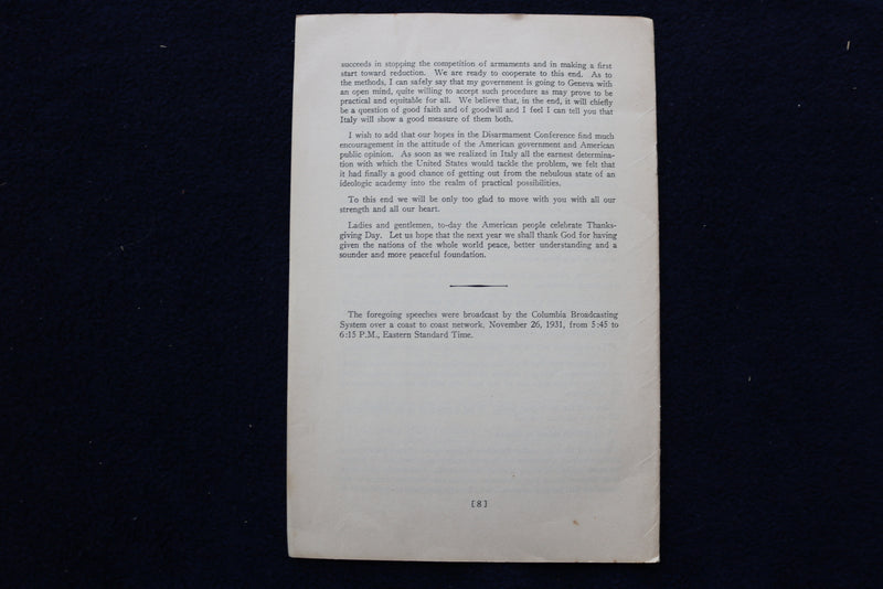 1931 NOV 26 ADDRESS BY HIS EXCELLENCY DINO GRANDI - SOFTCOVER BOOKLET - K 1549