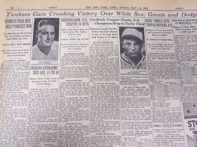 1934 MAY 11 NEW YORK TIMES - GEHRIG'S 4 HITS YANKS WIN - NT 4199
