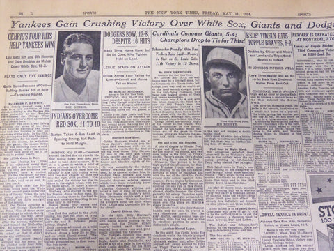 1934 MAY 11 NEW YORK TIMES - GEHRIG'S 4 HITS YANKS WIN - NT 4199