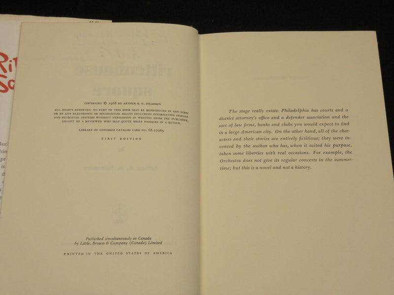 1968 RITTENHOUSE SQUARE BOOK INSCRIBED BY ARTHUR R. G. SOLMSSEN - 1ST EDN- D 499
