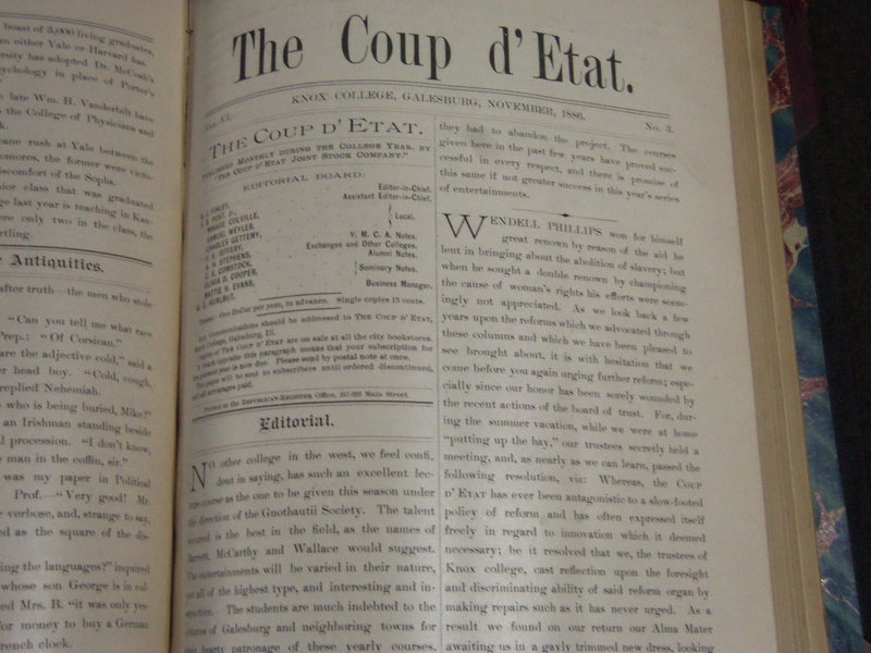 1884-1887 THE COUP D'ETAT KNOX COLLEGE BOUND VOLUME 4/6 - GALESBURG ILL- KD 4412