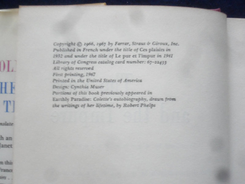 1967 COLETTE THE PURE & THE IMPURE HARDCOVER BOOK INTRO BY JANET FLANNER-KD 8238