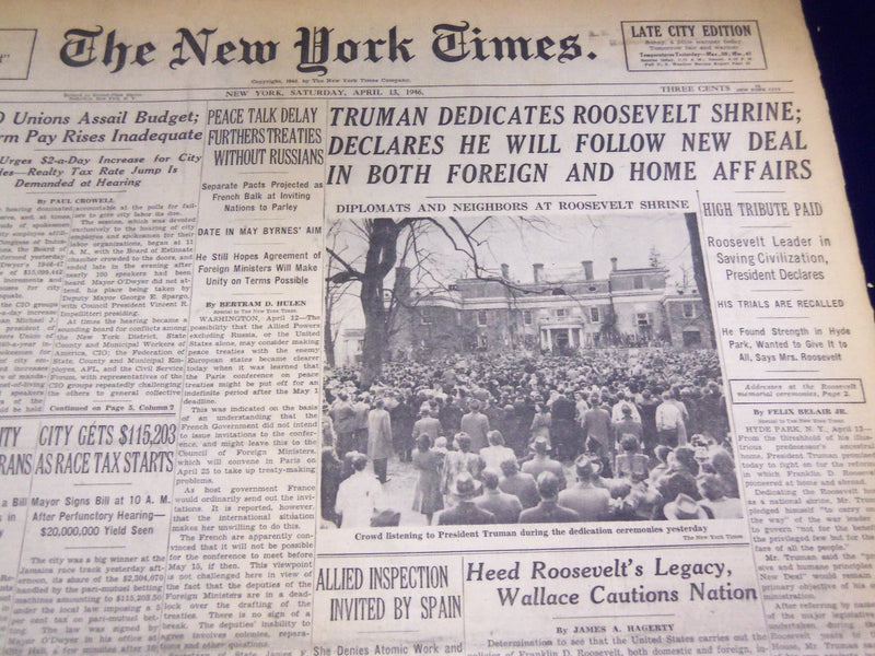 1946 APRIL 13 NEW YORK TIMES - TRUMAN DEDICATES ROOSEVELT SHRINE - NT 3470