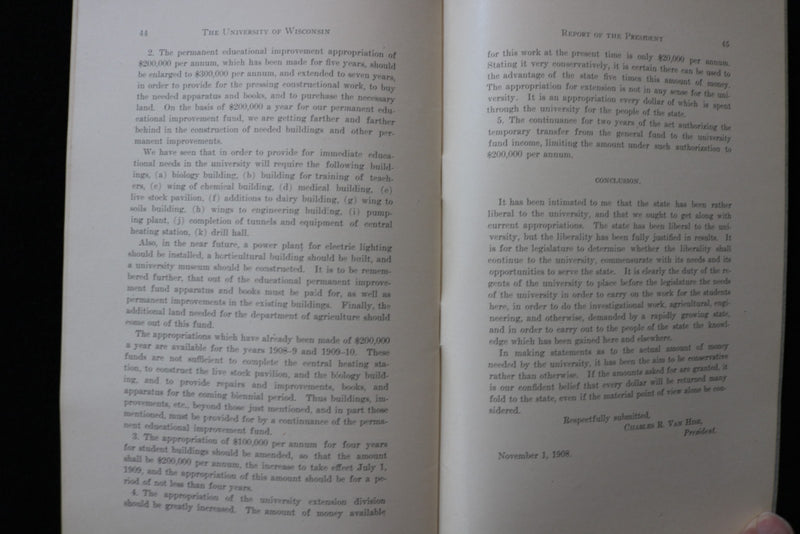 1908 UNIVERSITY OF WISCONSIN REPORT OF THE PRESIDENT SOFTCOVER BOOK - K 3009