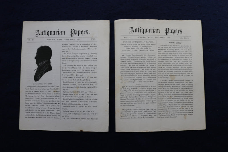 1879-1885 ANTIQUARIAN PAPERS - IPSWICH, MASSACHUSETTS - LOT OF 34 - K 780