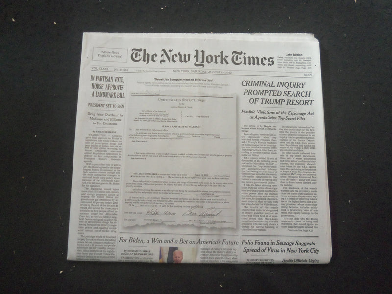 2022 AUGUST 13 NEW YORK TIMES - CRIMINAL INQUIRY PROMPTED SEARCH OF TRUMP RESORT