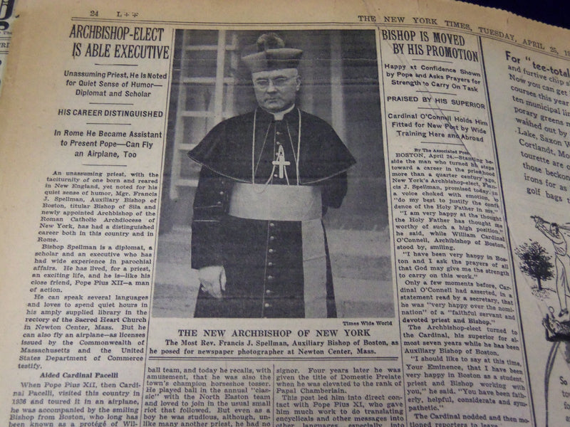 1939 APRIL 25 NEW YORK TIMES - SPELLMAN NAMED ARCHBISHOP HERE - NT 3045