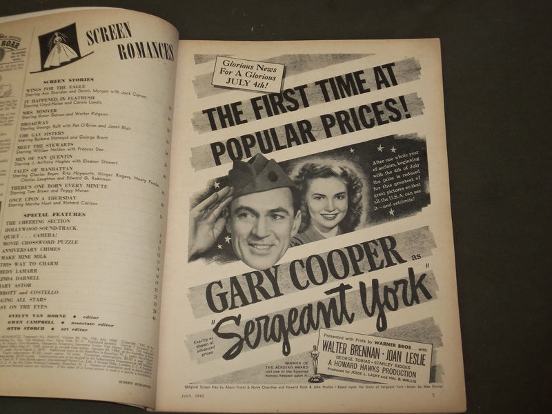 1942 JULY SCREEN ROMANCES MAGAZINE - ANN SHERIDAN & DENNIS MORGAN COVER - M 107