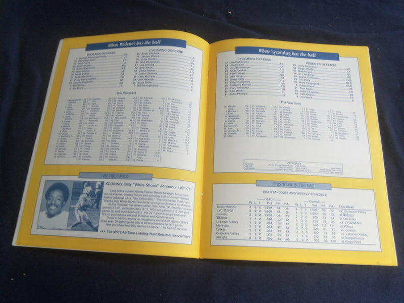 1992 OCTOBER 10 FOOTBALL PROGRAM - WIDENER UNIV VS LYCOMING COLLEGE - SP 1218N