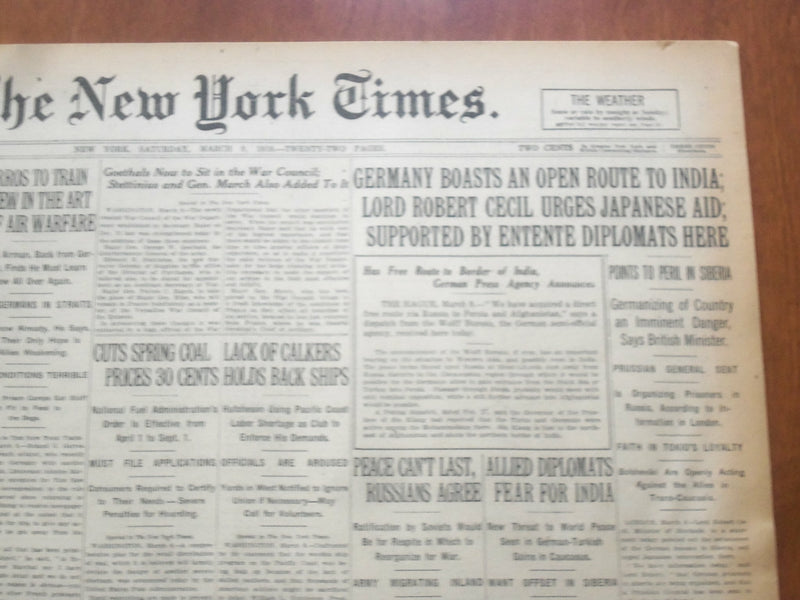 1918 MARCH 9 NEW YORK TIMES - GERMANY BOASTS OPEN ROUTE TO INDIA - NT 8146