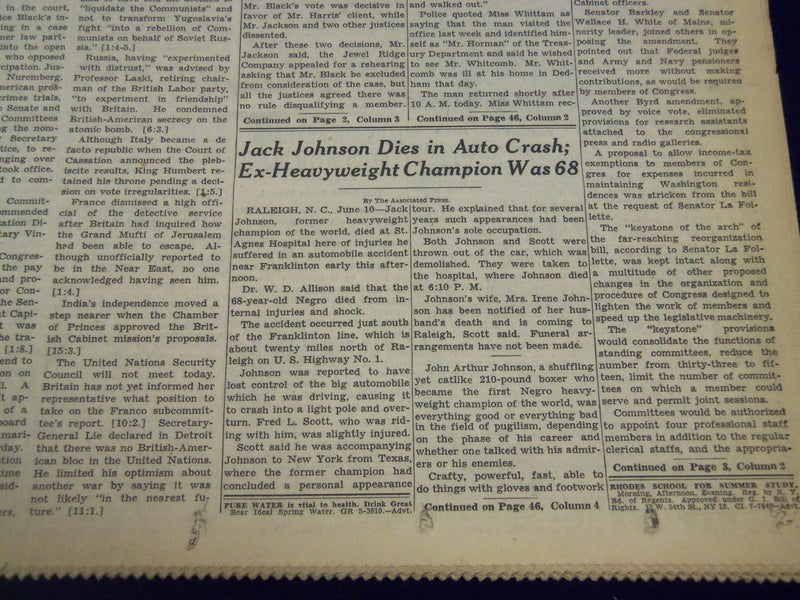 1946 JUNE 11 NEW YORK TIMES - JACK JOHNSON DIES IN AUTO CRASH - NT 2248