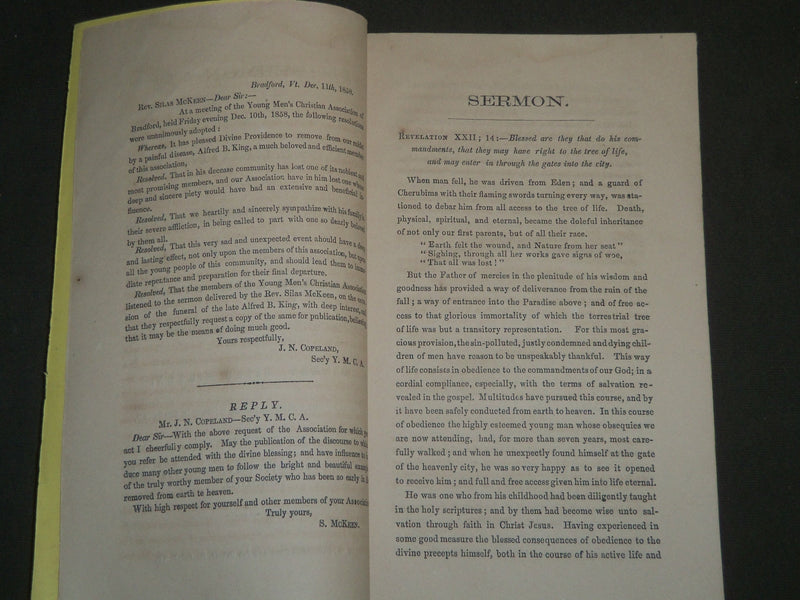 1858 ALFRED BLISS KING FUNERAL SERMON - BRADFORD VERMONT - REV. MCKEEN - J 4741