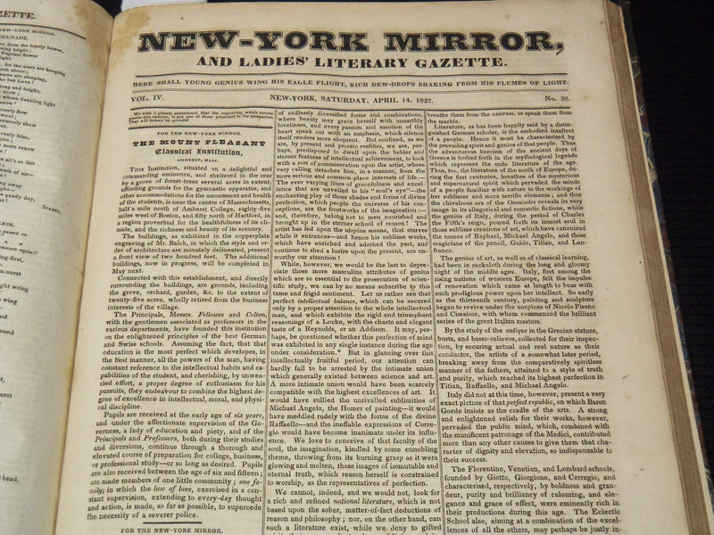 1826-1827 NEW YORK MIRROR AND LADIES GAZETTE BOUND VOLUME NO. 4 - KD 4675N