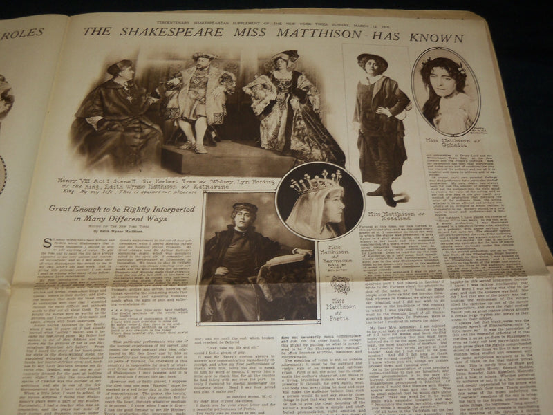 1916 NEW YORK TIMES PICTURE SECTION LOT OF 3 - SHAKESPEARE TERCENTARY - NP 5463