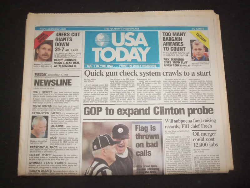 1998 DECEMBER 1 USA TODAY NEWSPAPER - GOP TO EXPAND CLINTON PROBE - NP 7971