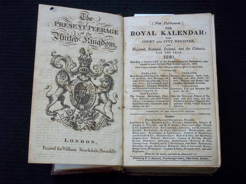 1820 THE ROYAL KALENDAR AND REGISTER - HARDCOVER - NICE ILLUSTRATIONS - KD 7587