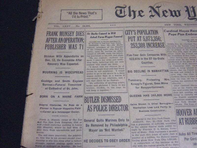 1925 DECEMBER 23 NEW YORK TIMES - FRANK MUNSEY DIES AT 71 - NT 5381