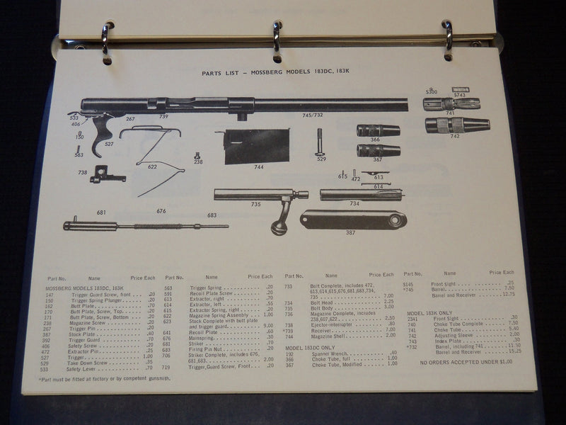 1969-1972 MOSSBERG COMPONENT PARTS LIST LOT OF 2 - SHOTGUNS - RIFLES - KD 805