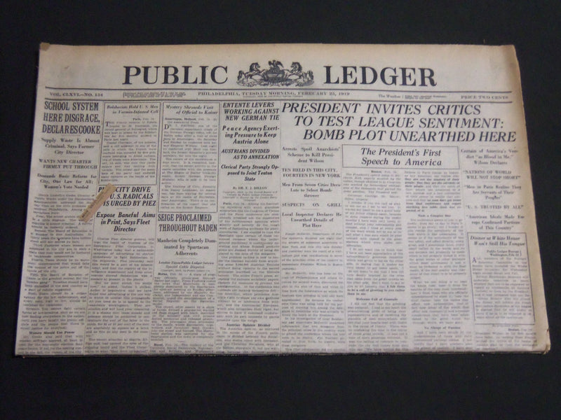 1919 FEBRUARY 25 WILSON & LEAGUE NEWSPAPER LOT OF 2 - PUBLIC LEDGER - NP 2700