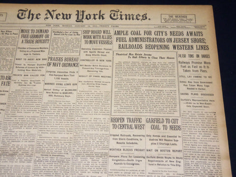 1918 JANUARY 14 NEW YORK TIMES - AMPLE COAL FOR CITY'S NEED - NT 7923