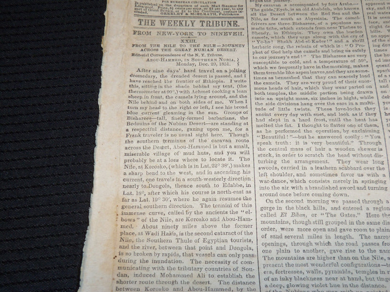 1852 APRIL 10 NEW YORK WEEKLY TRIBUNE - JOURNEY ACROSS NUBIAN DESERT - NP 3879Z