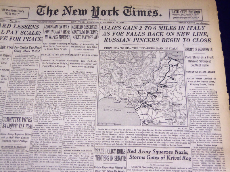 1943 OCTOBER 27 NEW YORK TIMES - ALLIES GAIN 2 TO 6 MILES IN ITALY - NT 1910