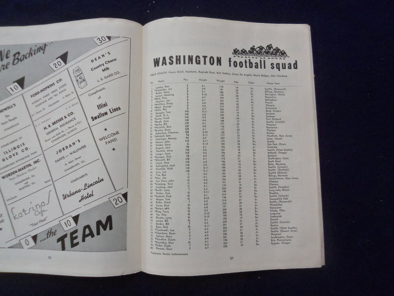 1952 OCTOBER 11 FOOTBALL PROGRAM - UNIV WASHINGTON VS. UNIV ILLINOIS - SP 5454P