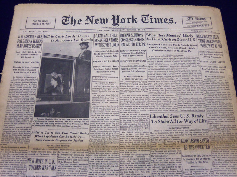 1947 OCT 22 NEW YORK TIMES - MENJOU SAYS REDS TAINT HOLLYWOOD - NT 75