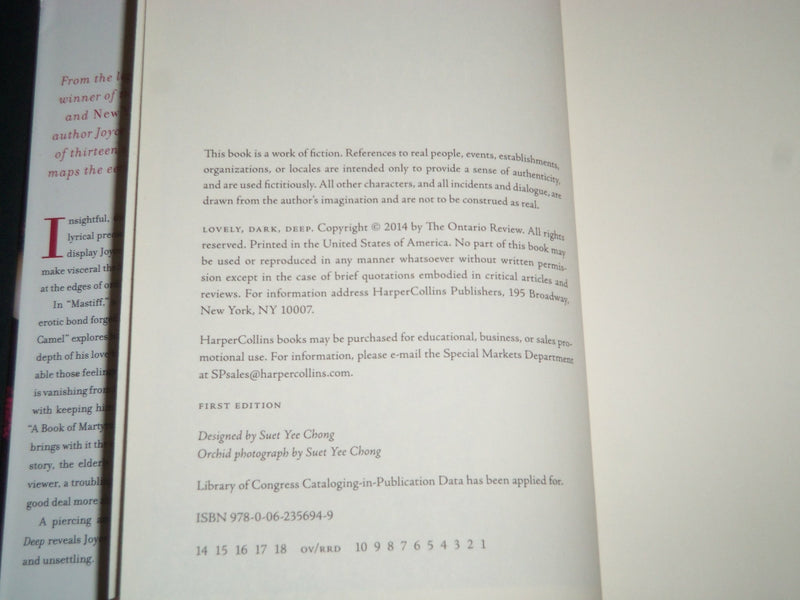 2014 LOVELY DARK DEEP STORIES BOOK SIGNED BY JOYCE CAROL OATES - KD 5520