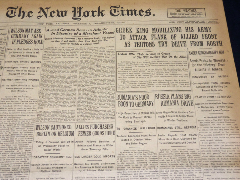 1916 DECEMBER 9 NEW YORK TIMES - GREEK KING MOBILIZING HIS ARMY - NT 8631