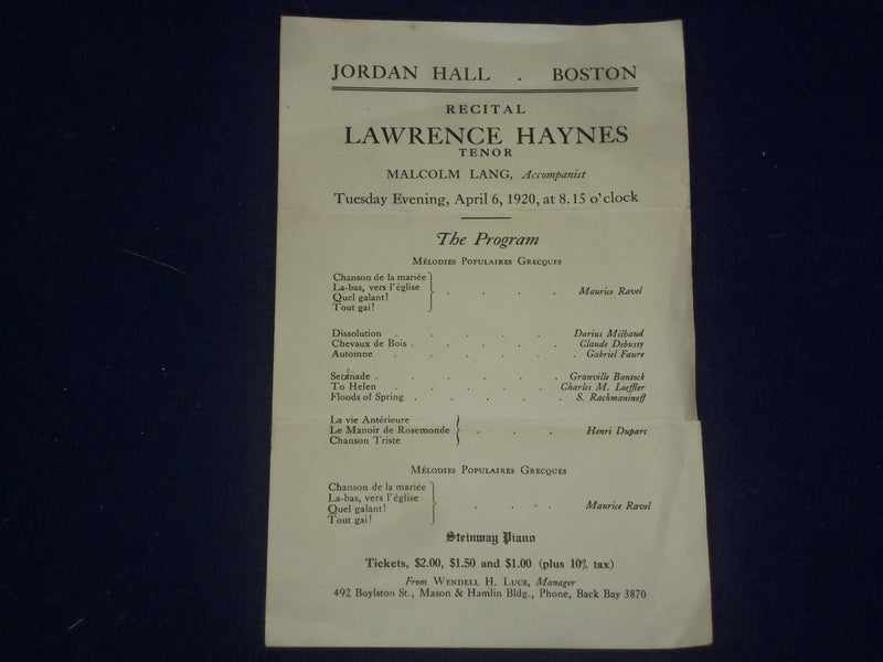 1920 LAWRENCE HAYNES RECEITAL PROGRAM - JORDAN HALL - BOSTON - J 4673