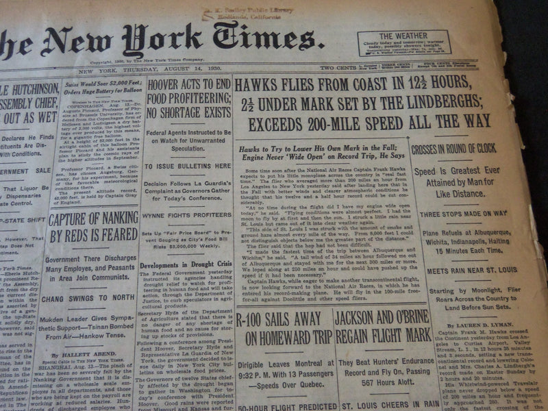 1930 AUGUST 14 NEW YORK TIMES - HAWKS FLIES FROM COAST IN 12 1/2 HOURS - NT 5619