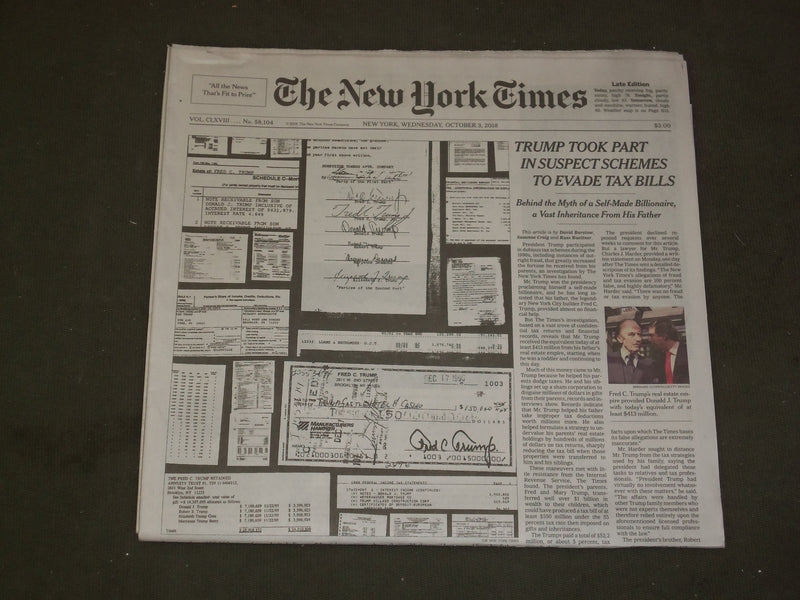 2018 OCTOBER 3 NEW YORK TIMES - TRUMP TOOK PART IN SCHEMES TO EVADE TAX BILLS