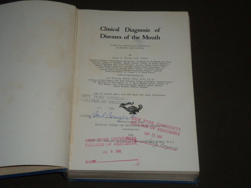 1936 CLINICAL DIAGNOSIS OF DISEASES OF THE MOUTH BY LOUIS V. HAYES - KD 3996