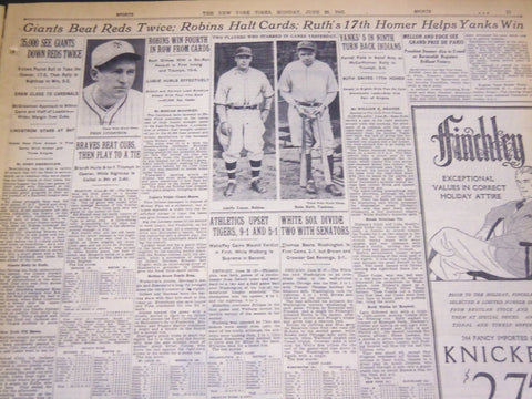 1931 JUNE 29 NEW YORK TIMES - RUTH'S 17TH HOMER HELPS YANKS WIN - NT 5008