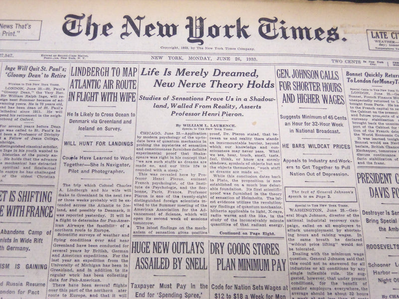 1933 JUNE 26 NEW YORK TIMES - LIFE IS MERELY DREAMED NEW NERVE THEORY - NT 5246
