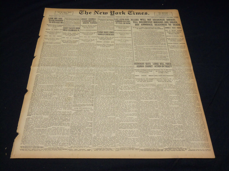 1920 FEBRUARY 25 NEW YORK TIMES - FANNIE BRICE FINDS ARNOLD CHECK BAD - NT 7877