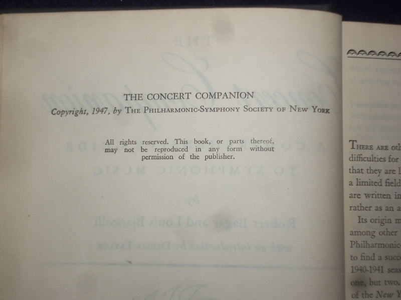 1946 THE CONCERT COMPANION HARDCOVER BOOK BY R. BAGAR & L. BIANCOLLI - KD 9161