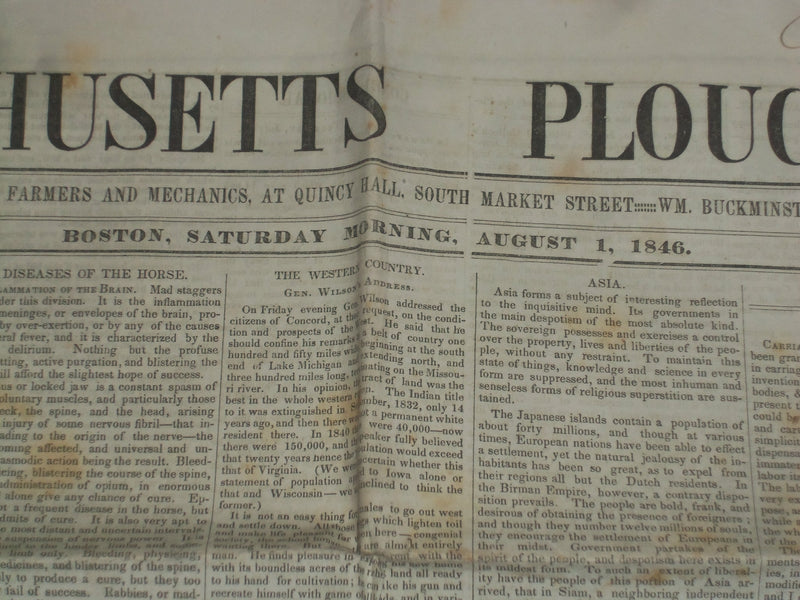 1846 AUGUST 1 MASSACHUSETTS PLOUGHMAN NEWSPAPER - STEAM EXCAVATER - NP 5127