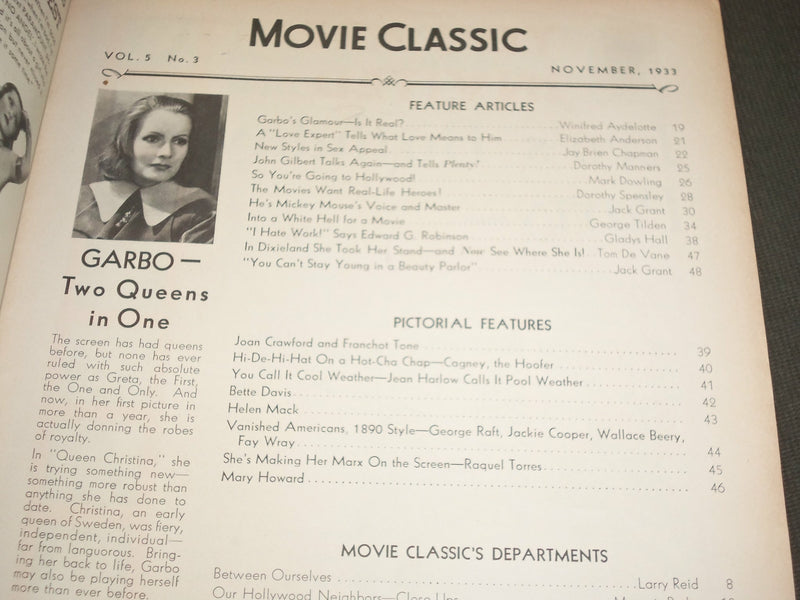 1933 NOVEMBER MOVIE CLASSIC MAGAZINE - GRETA GARBO COVER - M 366
