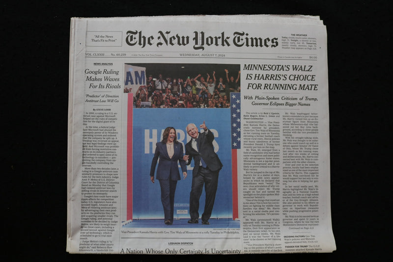 2024 AUGUST 7 NEW YORK TIMES -MINNESOTA'S WALZ IS HARRIS CHOICE FOR RUNNING MATE