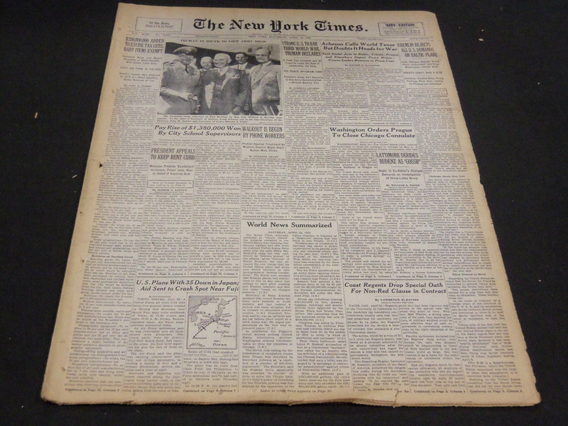 1950 APRIL 22 NEW YORK TIMES - ACHES CALLS WORLD TENSE - NT 4735