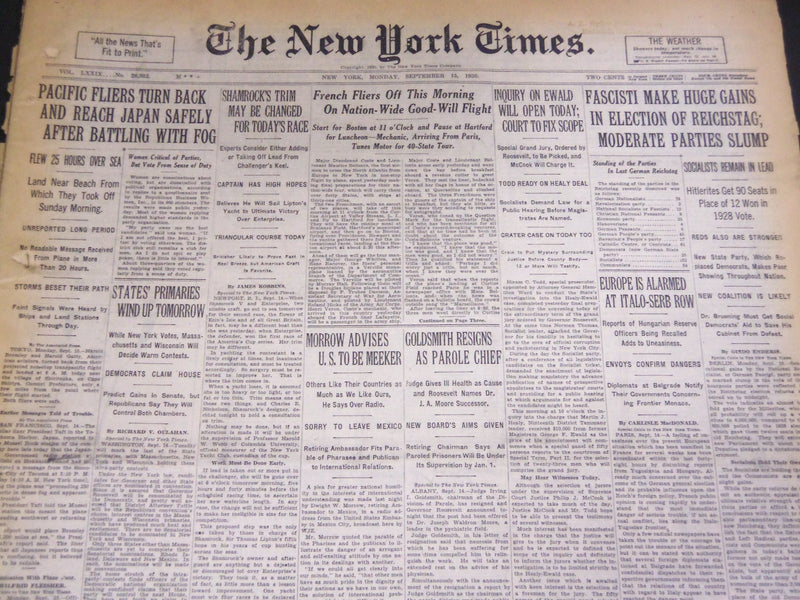 1930 SEPTEMBER 15 NEW YORK TIMES - GATTY & BROMLEY TURN BACK TO JAPAN - NT 4979